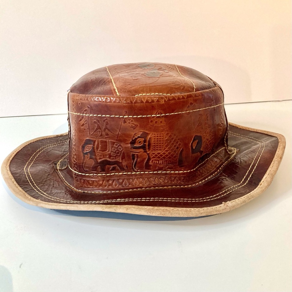Unique Leather Gambler Hat with Elephant Embossing, Lacing & Contrast Stitching